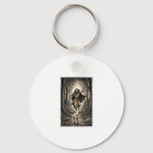 Vintage Engraving Shepherd and Lamb Forest Keychain