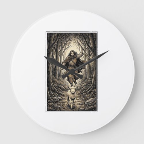 Vintage Engraving Shepherd and Lamb Forest Large Clock