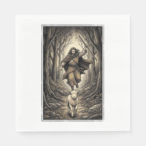 Vintage Engraving Shepherd and Lamb Forest Napkins