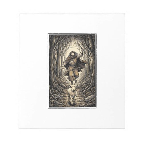 Vintage Engraving Shepherd and Lamb Forest Notepad