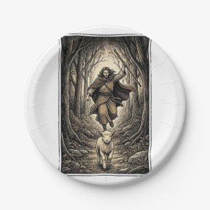 Vintage Engraving Shepherd and Lamb Forest Paper Plates