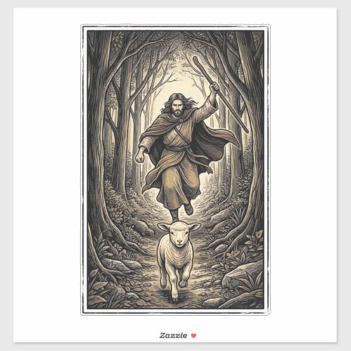 Vintage Engraving Shepherd and Lamb Forest Sticker