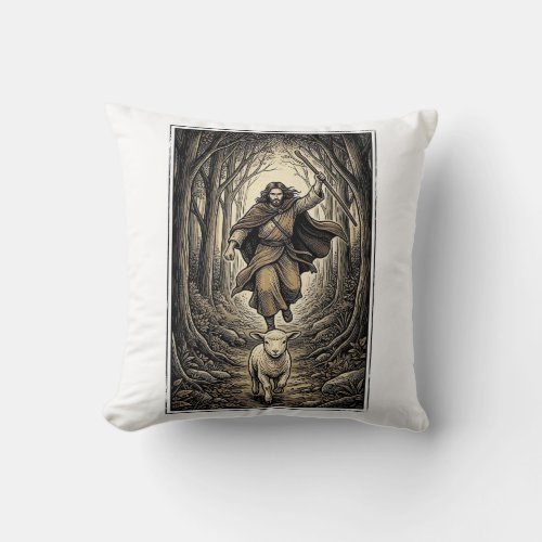 Vintage Engraving Shepherd and Lamb Forest Throw Pillow