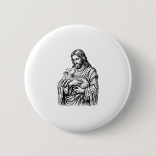 Vintage Engraving Shepherd Holding Lamb Vector Des Button