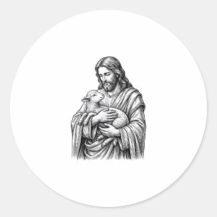 Vintage Engraving Shepherd Holding Lamb Vector Des Classic Round Sticker