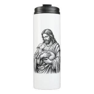 Vintage Engraving Shepherd Holding Lamb Vector Des Thermal Tumbler