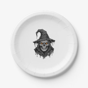 Vintage Engraving Skull Witch Hat Halloween Shirt_ Paper Plates