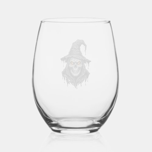 Vintage Engraving Skull Witch Hat Halloween Shirt_ Stemless Wine Glass