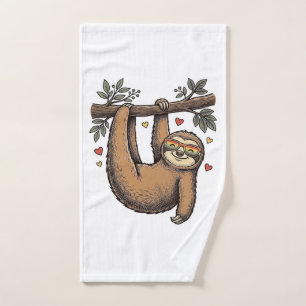 Vintage Engraving Sloth Heart Rainbow Shirt Design Hand Towel