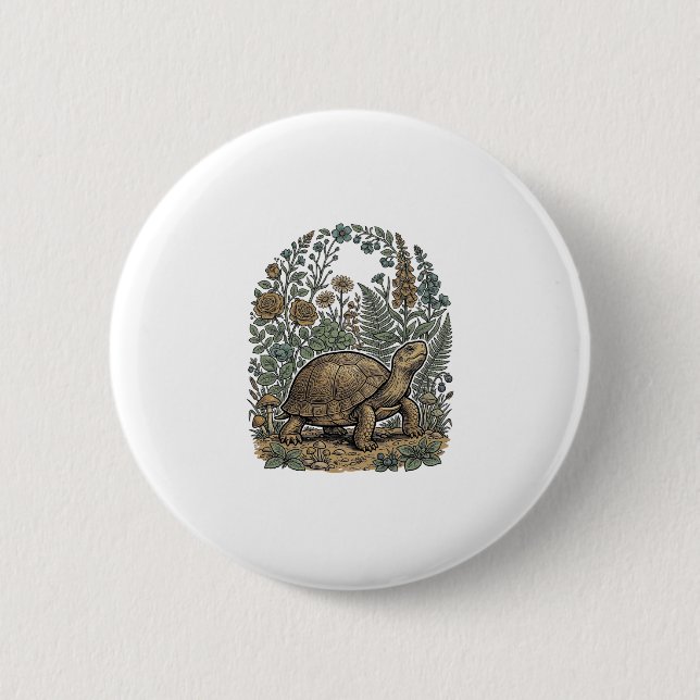 Vintage Engraving Turtle Botanical Garden Button (Front)