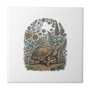 Vintage Engraving Turtle Botanical Garden Ceramic Tile