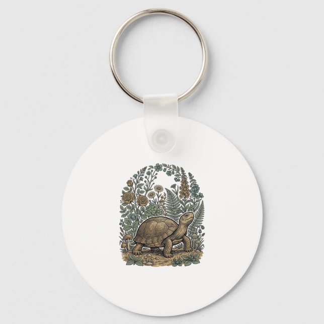 Vintage Engraving Turtle Botanical Garden Keychain (Front)