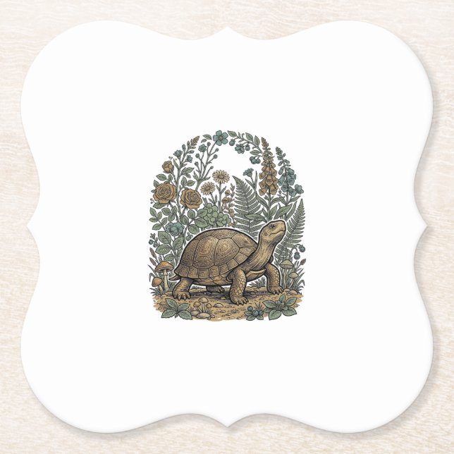Vintage Engraving Turtle Botanical Garden Paper Coaster (Front)