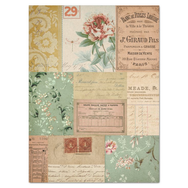 Vintage Ephemera and Florals Decoupage Tissue Paper | Zazzle