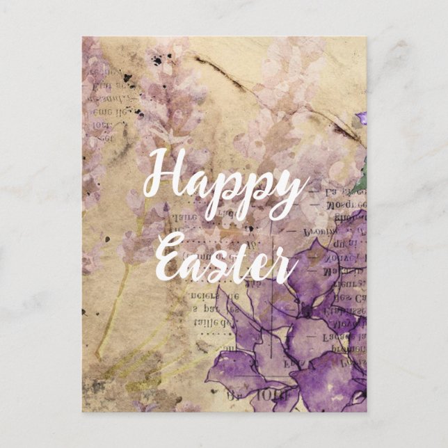 Vintage Ephemera and Purple Flowers Easter Postcard (Front)