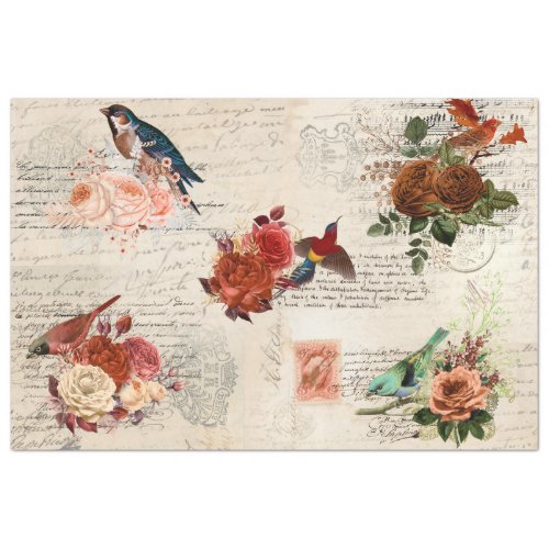 Vintage Ephemera Bird Fall Flower Script Decoupage Tissue Paper