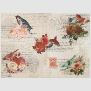 Vintage Ephemera Bird Fall Flower Script Decoupage Tissue Paper