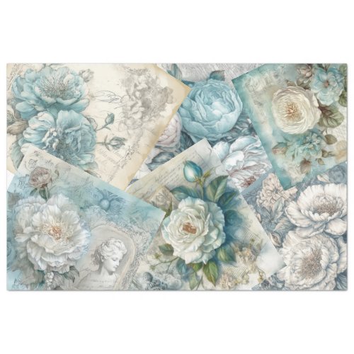 Vintage Ephemera Blue Shabby Chic Floral Decoupage Tissue Paper