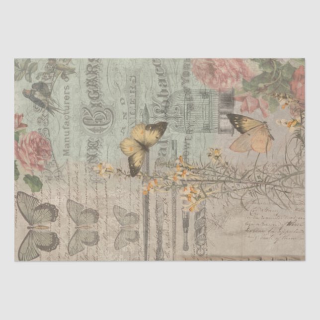 Vintage Ephemera & Butterflies Shabby Chic Tissue Paper (Front)