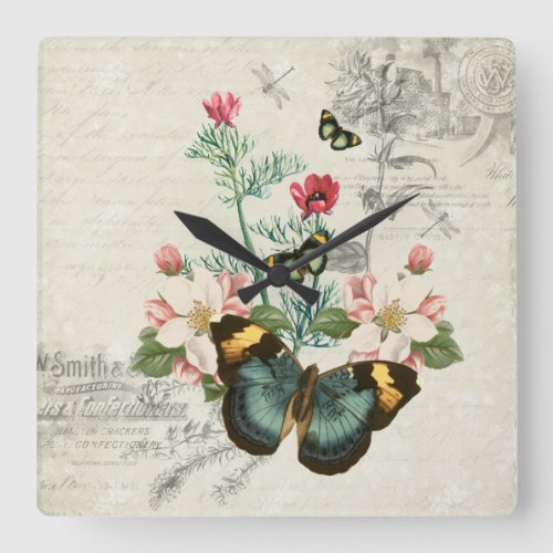 Vintage Ephemera Butterflies Wildflowers Romantic Square Wall Clock