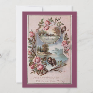 Vintage Ephemera Christmas Birds Landscape Floral  Holiday Card
