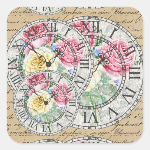 Vintage ephemera clocks botanical roses antique square sticker