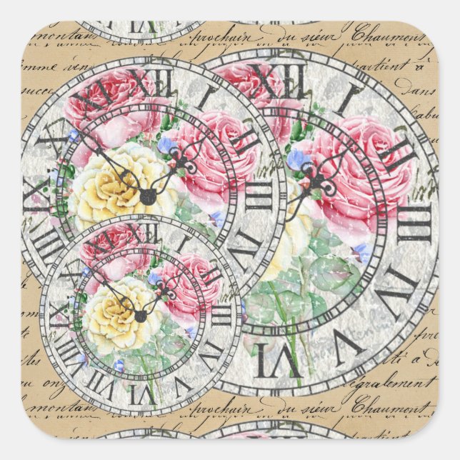 Vintage ephemera clocks botanical roses antique square sticker (Front)