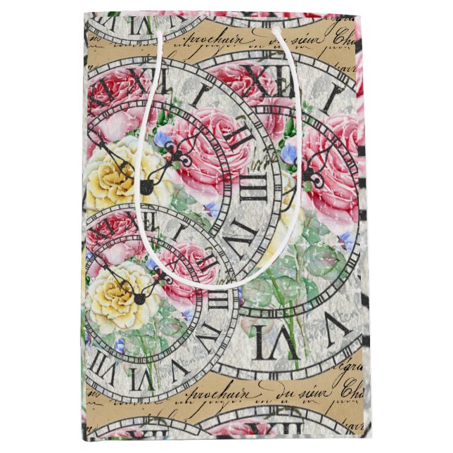 Vintage ephemera clocks botanical roses medium gift bag (Front)