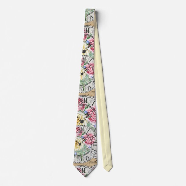 Vintage ephemera clocks botanical roses  neck tie (Front)