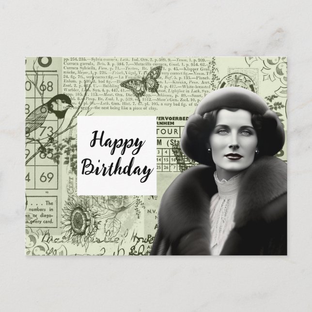 Vintage Ephemera Collage Birthday Postcard (Front)