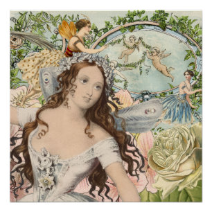 Vintage Ephemera Fairies and Flowers Poster