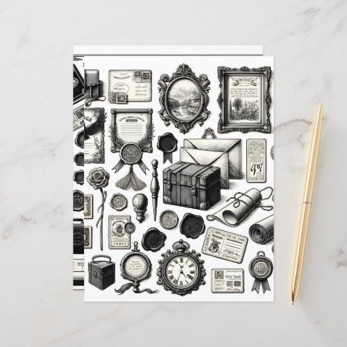 Vintage Ephemera Line Art Cut and Collage Paper
