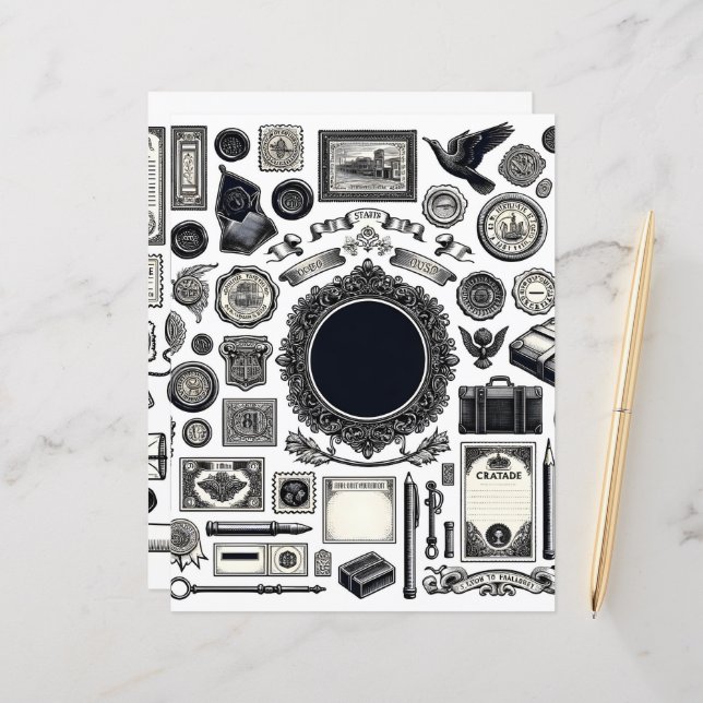 Vintage Ephemera Line Art Cut and Collage Paper (Front/Back In Situ)