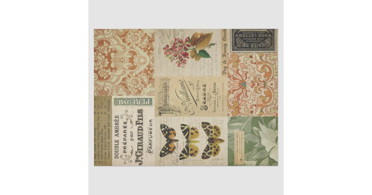 Vintage Ephemera Moths and Floral Decoupage Tissue Paper | Zazzle
