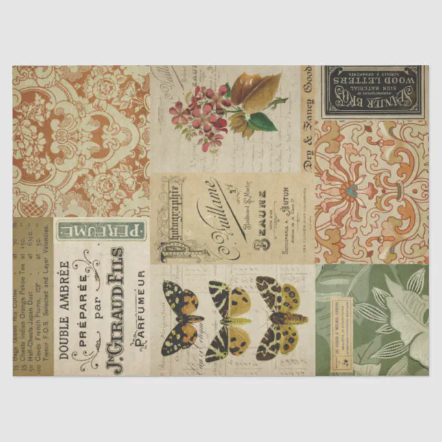Vintage Ephemera Moths and Floral Decoupage Tissue Paper | Zazzle