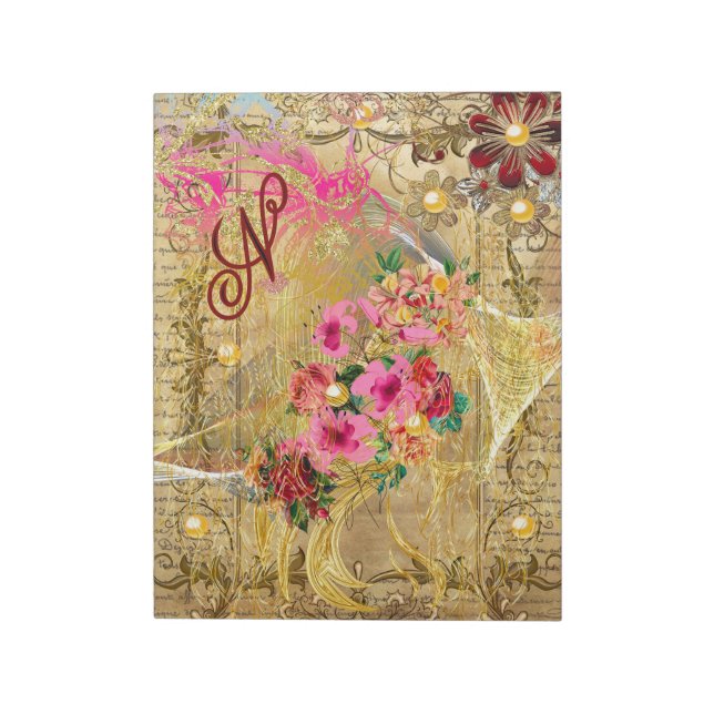 Vintage Ephemera Pink Floral Gold Pearls Monogram  Notepad (Rotated)