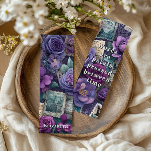 Vintage Ephemera Postage Stamp Purple Floral Quote Bookmarks