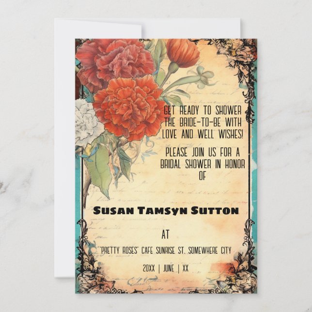 Vintage Ephemera Red Carnations Bridal Shower Invitation (Front)