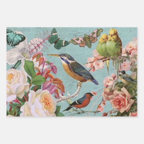 Vintage Ephemera Roses Butterflies  Birds Collage Wrapping Paper Sheets