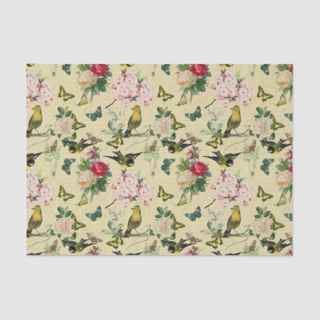 Vintage Ephemera Roses Butterflies & Birds Pattern Tissue Paper (Front)