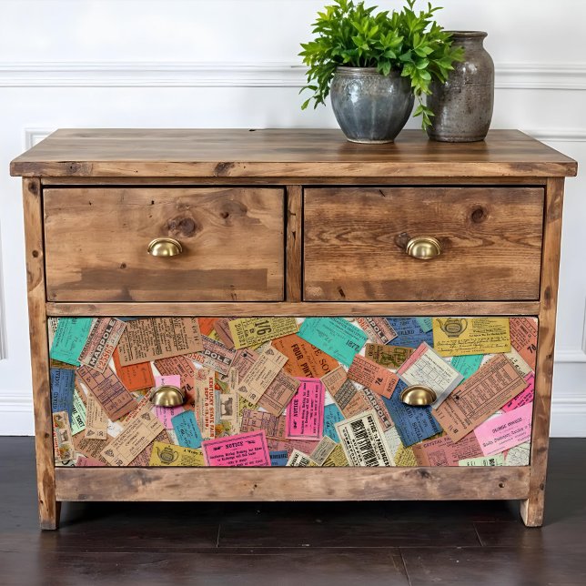 Vintage Ephemera Ticket Decoupage Tissue Paper (This is a mockup, your design may be larger or smaller depending on size of your furniture surface.)