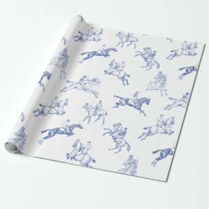 Vintage Equestrian Blue White Toile Wrapping Paper