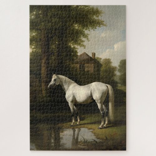 Vintage Equestrian White Horse Painting Jigsaw Puzzle