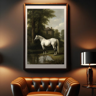 Vintage Equestrian White Horse Painting Poster