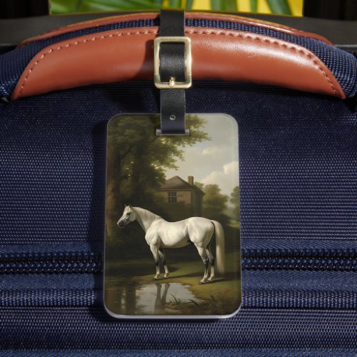 Vintage Equestrian White Hunter Horse Painting Luggage Tag