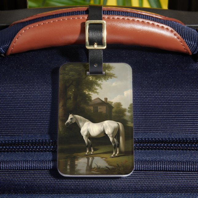 Vintage Equestrian White Hunter Horse Painting Luggage Tag (Front Insitu 2)