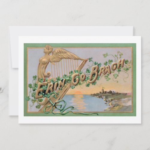 Vintage Erin Go Bragh Gold Irish Harp  Shamrocks Holiday Card