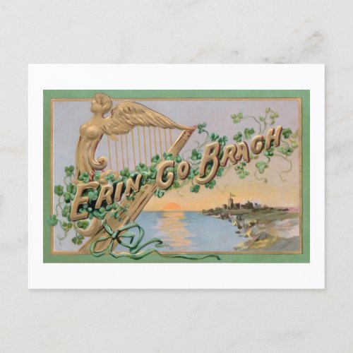 Vintage Erin Go Bragh Gold Irish Harp  Shamrocks Holiday Postcard