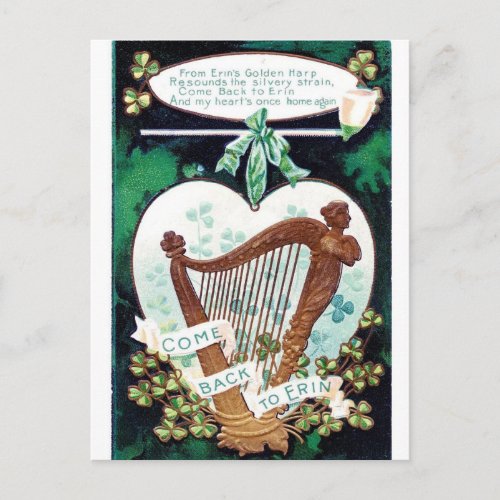 Vintage Erins Golden Harp St Patricks Day Postcard