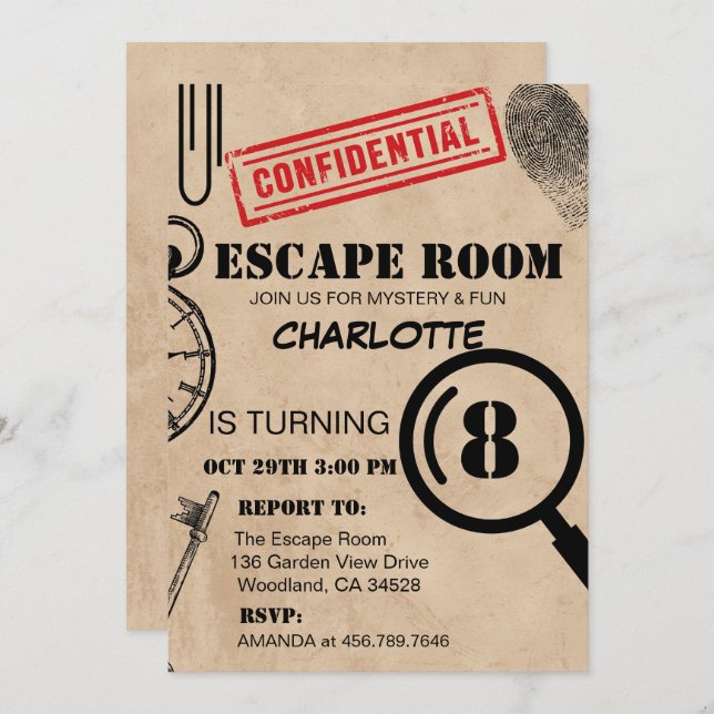 Vintage Escape Room Mystery Birthday Party Invitation (Front/Back)